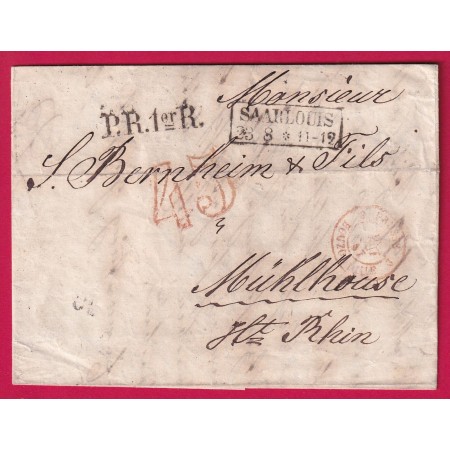 TAXE TAMPON 45  EN ROUGE CACHET ENTREE PRUSSE BOUZONVILLE MOSELLE DEPART SAARLOUIS POUR MULHOUSE HAUT RHIN LETTRE COVER