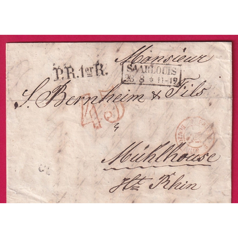 TAXE TAMPON 45  EN ROUGE CACHET ENTREE PRUSSE BOUZONVILLE MOSELLE DEPART SAARLOUIS POUR MULHOUSE HAUT RHIN LETTRE COVER