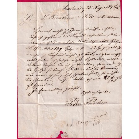 TAXE TAMPON 45  EN ROUGE CACHET ENTREE PRUSSE BOUZONVILLE MOSELLE DEPART SAARLOUIS POUR MULHOUSE HAUT RHIN LETTRE COVER