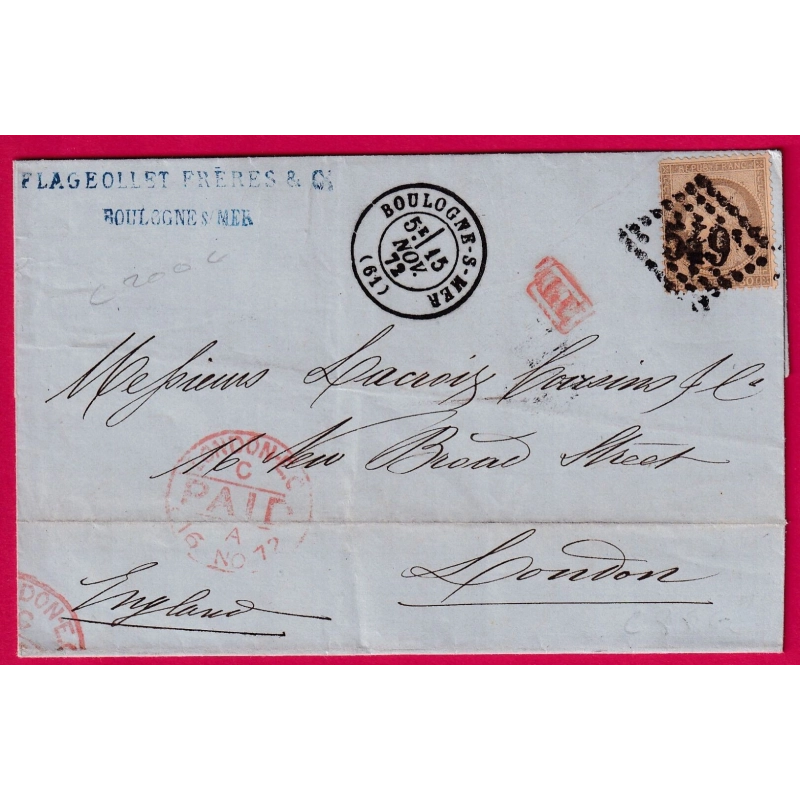 N°56 GC 549 BOULOGNE SUR MER PAS DE CALAIS POUR LONDRES LONDON ANGLETERRE LETTRE COVER FRANCE