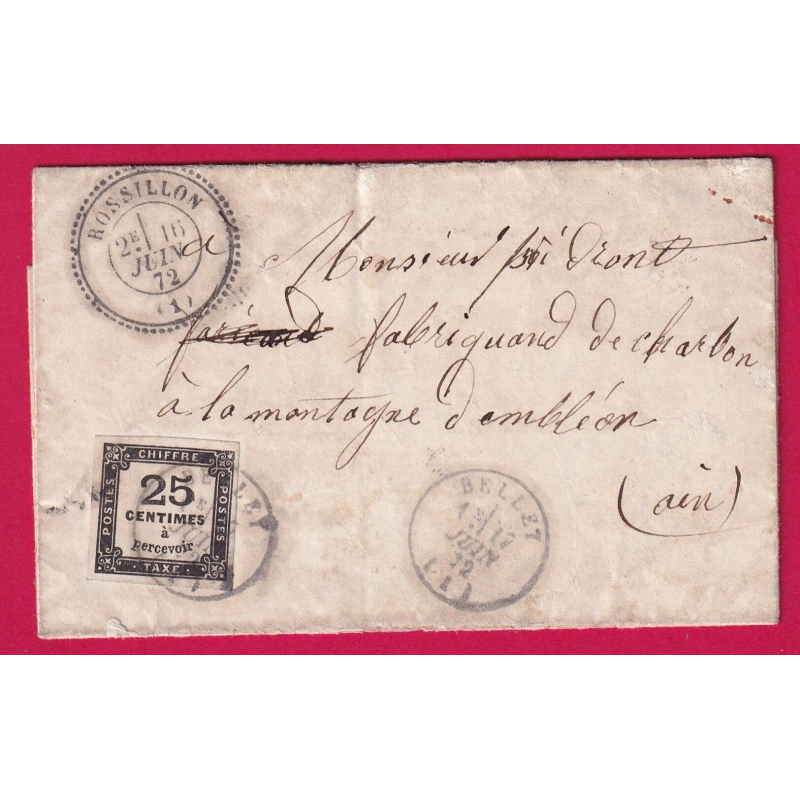 TAXE N°5 CAD TYPE 16 BELLEY + CAD TYPE 24 ROSSILLON AIN POUR LA MONTAGNE D'AMBLEON LETTRE COVER