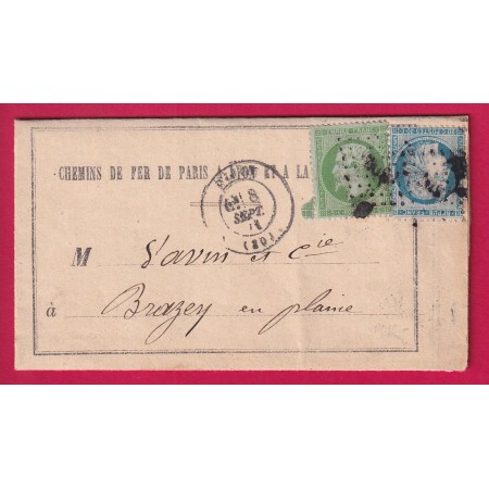 N°37 + 20 PC DU GC 1307 DIJON COTE D'OR 8 SEPTEMBRE 1871 POUR BRAZEY EN PLAINE LETTRE COVER