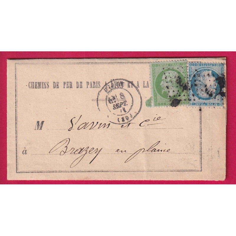 N°37 + 20 PC DU GC 1307 DIJON COTE D'OR 8 SEPTEMBRE 1871 POUR BRAZEY EN PLAINE LETTRE COVER