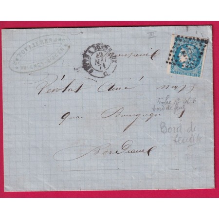 N°46B BDF AMBULANT CETTE A BORDEAUX LOSANGE CB POUR BORDEAUX DEPART VALENCE D'AGEN LOT ET GARONNE LETTRE COVER