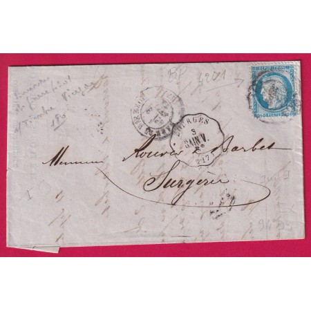 N°60 CAD BUREAU DE PASSE 4201 VIERZON CHER CONVOYEUR STATION BOURGES POUR SURGERES LETTRE BELLE ETIQUETTE PUB AU DOS