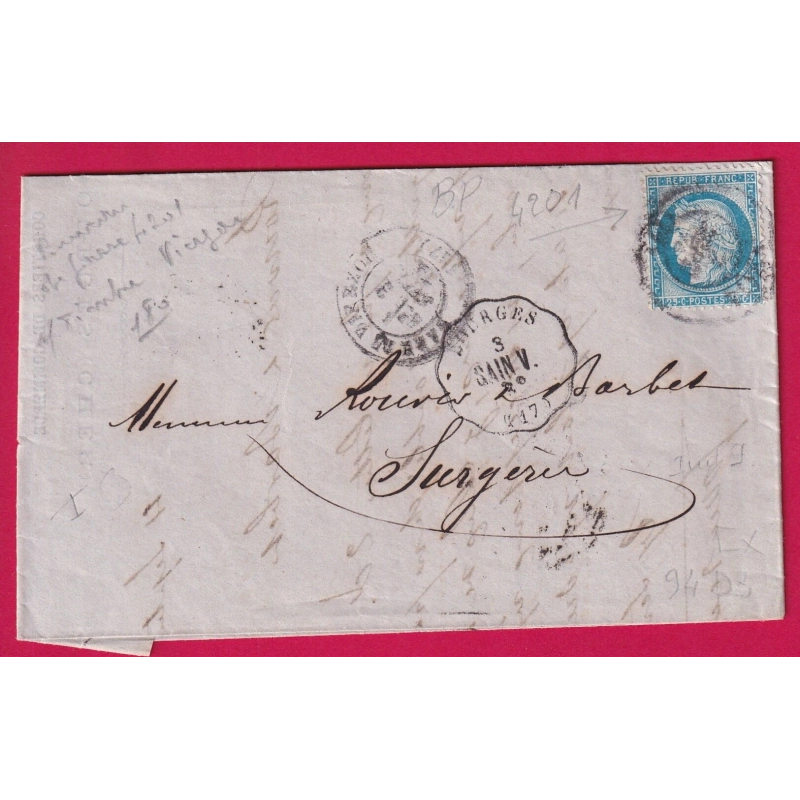 N°60 CAD BUREAU DE PASSE 4201 VIERZON CHER CONVOYEUR STATION BOURGES POUR SURGERES LETTRE BELLE ETIQUETTE PUB AU DOS