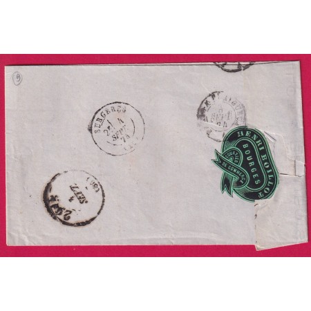 N°60 CAD BUREAU DE PASSE 4201 VIERZON CHER CONVOYEUR STATION BOURGES POUR SURGERES LETTRE BELLE ETIQUETTE PUB AU DOS