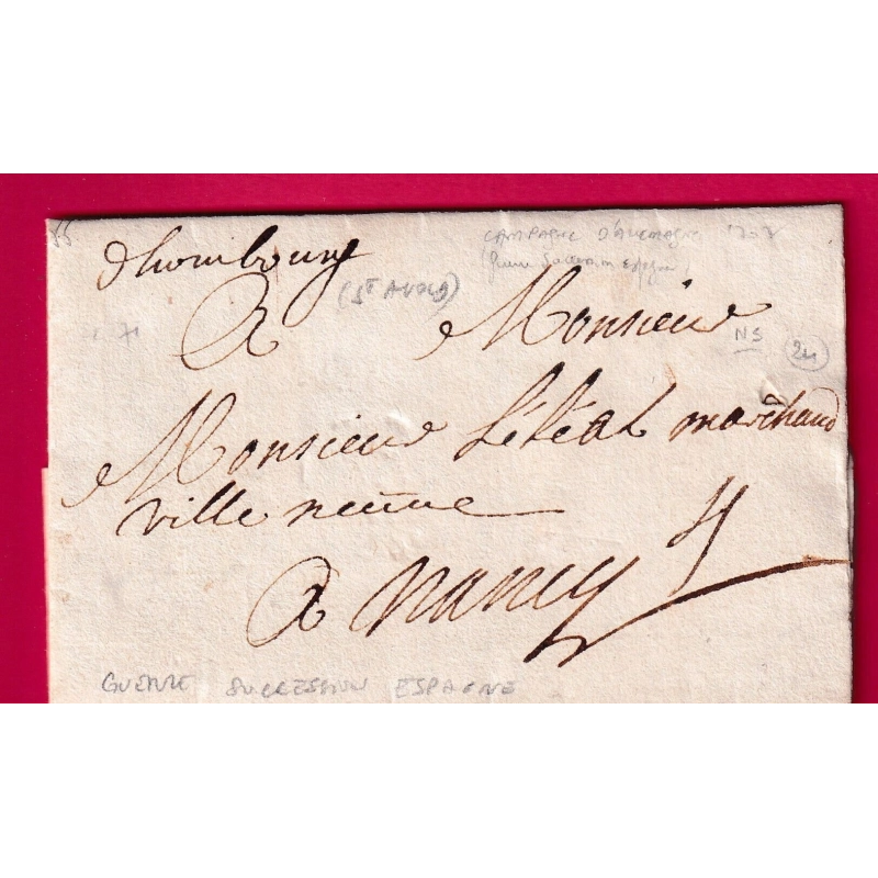 MARQUE MANUSCRIT HOMBOURG ST AVOLD MOSELLE 1707 GUERRE DE SUCCESSION ESPAGNE POUR NANCY RARE NON SIGNALE LETTRE COVER