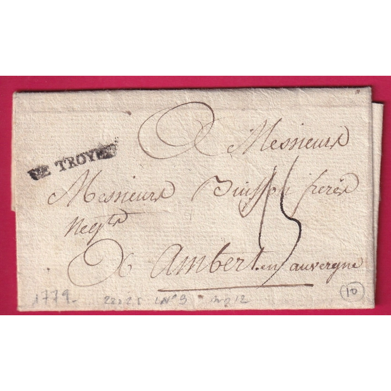 MARQUE DE TROYES AUBE 1779 LENAIN N°9 INDICE 12 POUR AMBERT PUY DE DOME LETTRE COVER