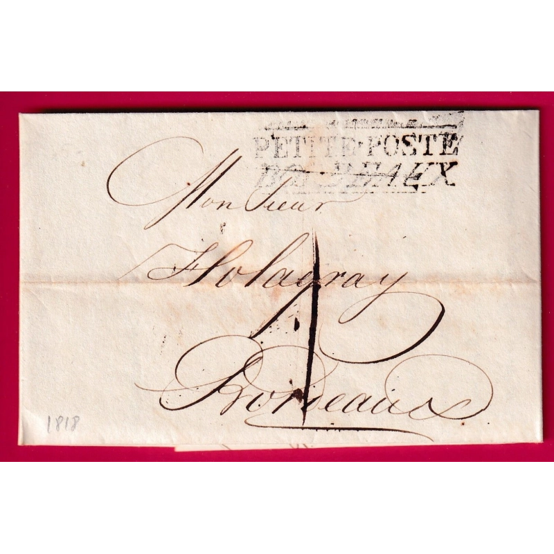 MARQUE PETITE POSTE BORDEAUX 1818 TAXE LOCALE 1 POUR BORDEAUX GIRONDE LETTRE COVER