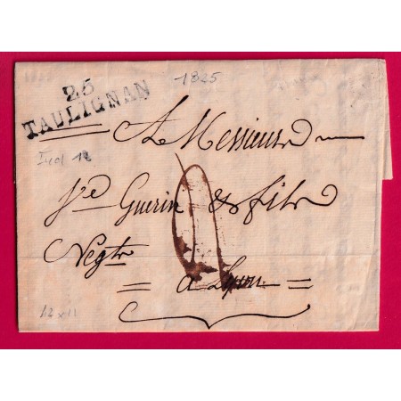 MARQUE 25 TAULIGNAN DROME 1825 POUR LYON RHONE INDICE 12 LETTRE COVER