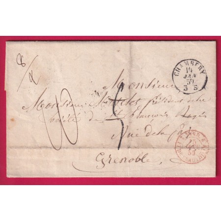 CHAMBERY SAVOIE ETATS SARDE TAXE TAMPON 5 MODIFIEE 10 POUR GRENOBLE ISERE 1859 LETTRE COVER