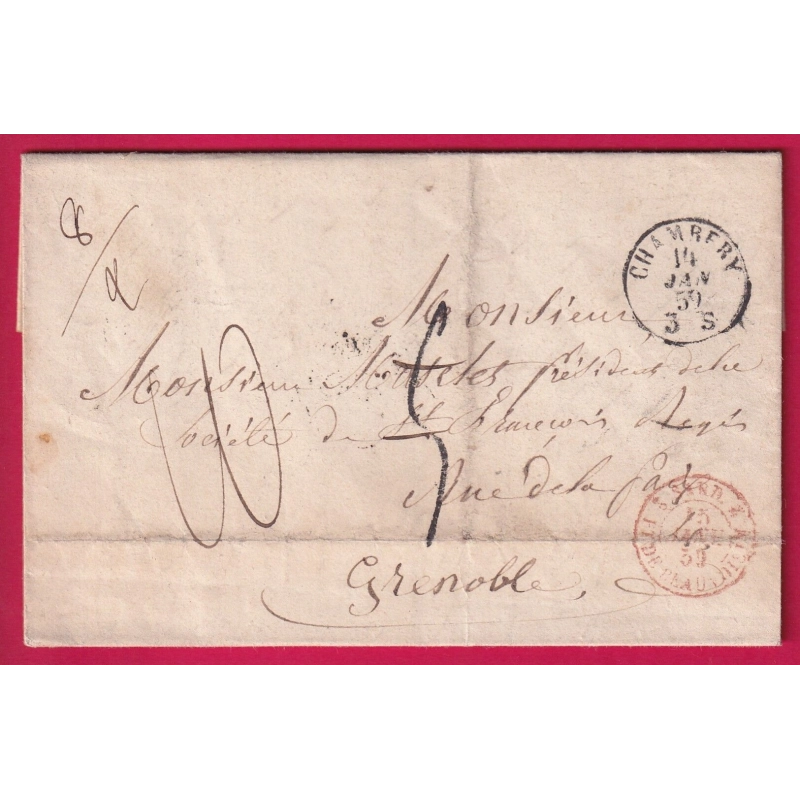 CHAMBERY SAVOIE ETATS SARDE TAXE TAMPON 5 MODIFIEE 10 POUR GRENOBLE ISERE 1859 LETTRE COVER
