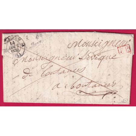 CURSIVE 48 LA HAYE DU PUITS MANCHE + PP ROUGE CAD TYPE 12 PERIERS POUR COUTANCES 1838 INDICE 10 LETTRE COVER