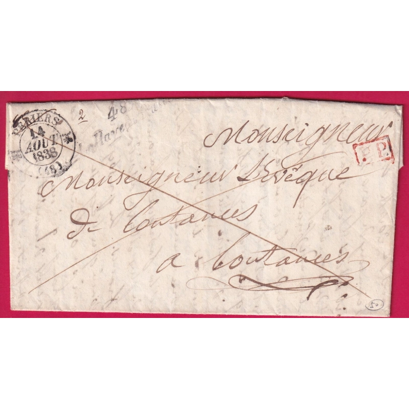 CURSIVE 48 LA HAYE DU PUITS MANCHE + PP ROUGE CAD TYPE 12 PERIERS POUR COUTANCES 1838 INDICE 10 LETTRE COVER