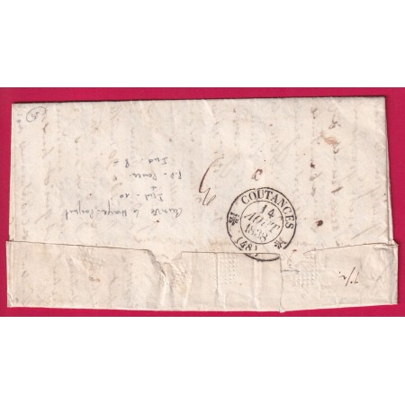 CURSIVE 48 LA HAYE DU PUITS MANCHE + PP ROUGE CAD TYPE 12 PERIERS POUR COUTANCES 1838 INDICE 10 LETTRE COVER