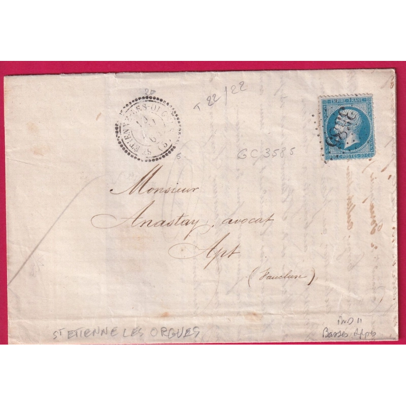 N°22 GC 3585 ST ETIENNE LES ORGUES BASSES ALPES CAD TYPE 22 POUR APT VAUCLUSE LETTRE COVER