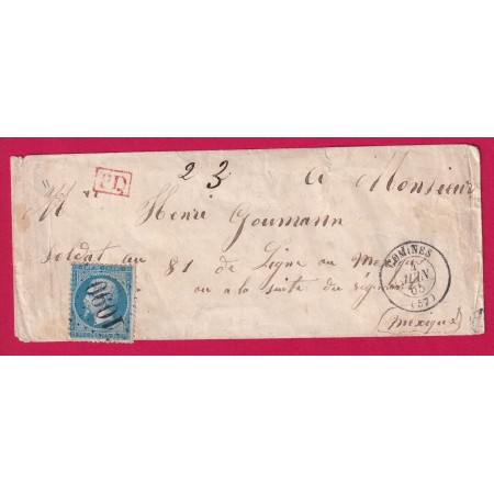 N°22 TARIF MILITAIRE GC 1090 COMINES NORD POUR CORPS EXPEDITIONNAIRE DU MEXIQUE 1865 LETTRE COVER