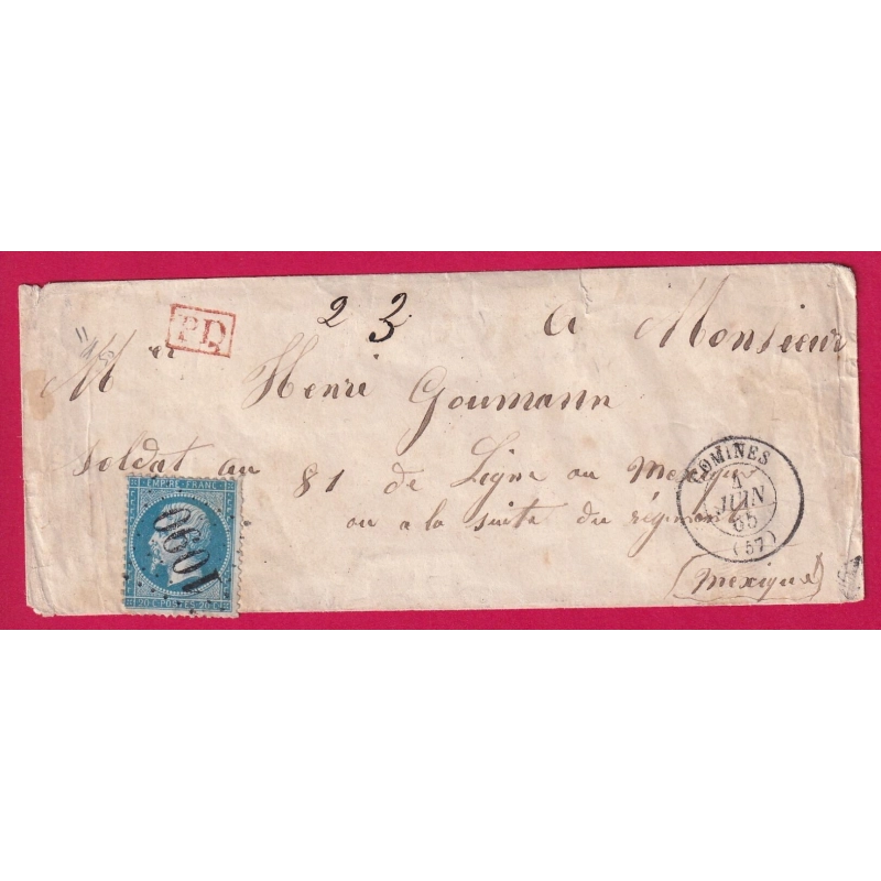N°22 TARIF MILITAIRE GC 1090 COMINES NORD POUR CORPS EXPEDITIONNAIRE DU MEXIQUE 1865 LETTRE COVER