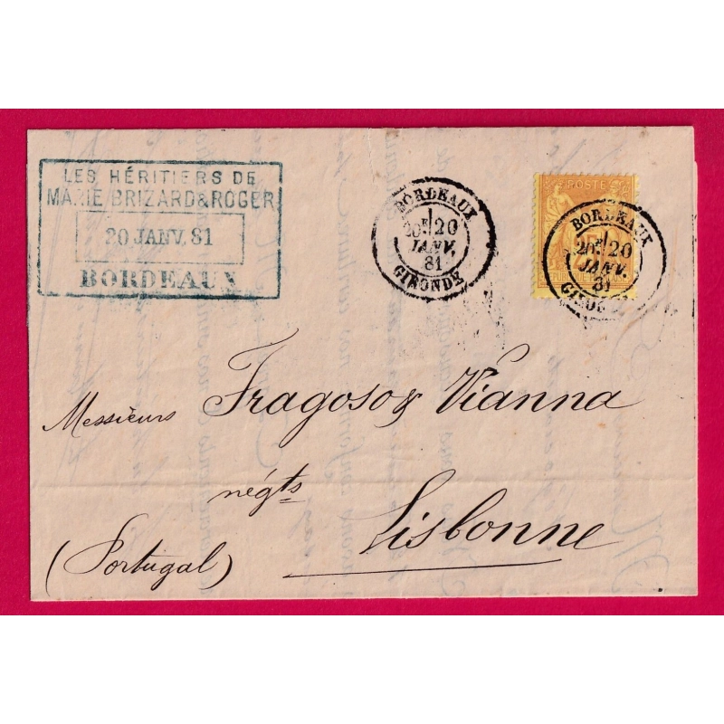 N°92 BORDEAUX GIRONDE POUR LISBONNE LISBOA PORTUGAL BELLE FACTURE LETTRE COVER