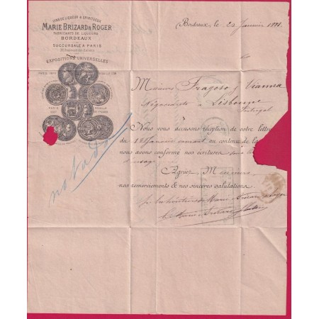 N°92 BORDEAUX GIRONDE POUR LISBONNE LISBOA PORTUGAL BELLE FACTURE LETTRE COVER