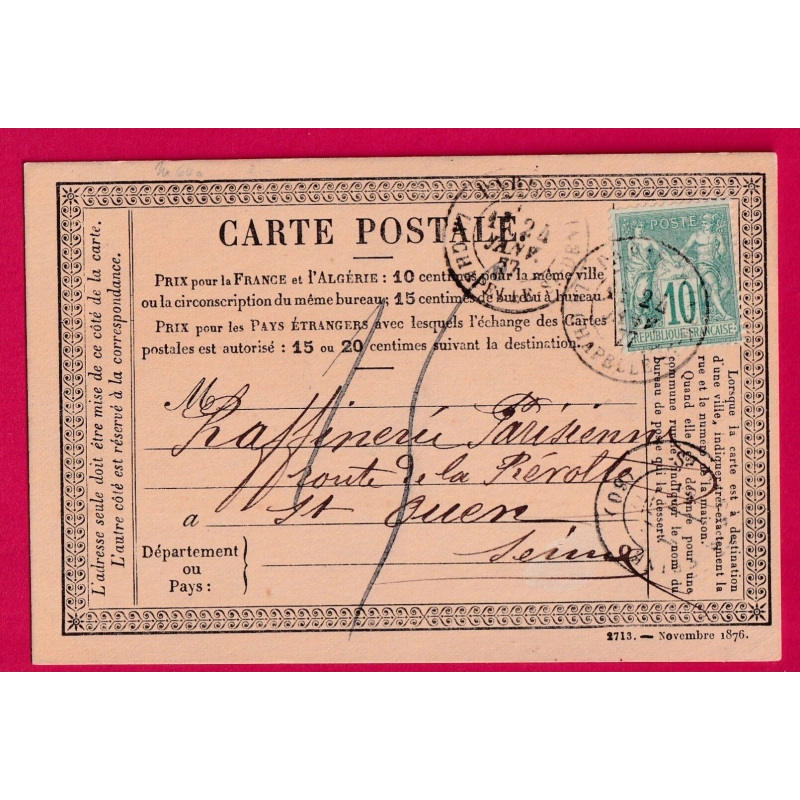 N°65 CARTE PRECUSEUR TAXEE 15C MANUSCRIT PARIS LA CHAPELLE ST DENIS POUR ST OUEN SEINE LETTRE COVER