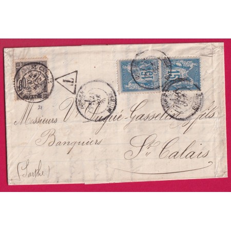 N°90 X2 ROUEN BOURSE TAXE 60C NOIR DUVAL N°21 ST CALAIS SARTHE 1885 LETTRE COVER