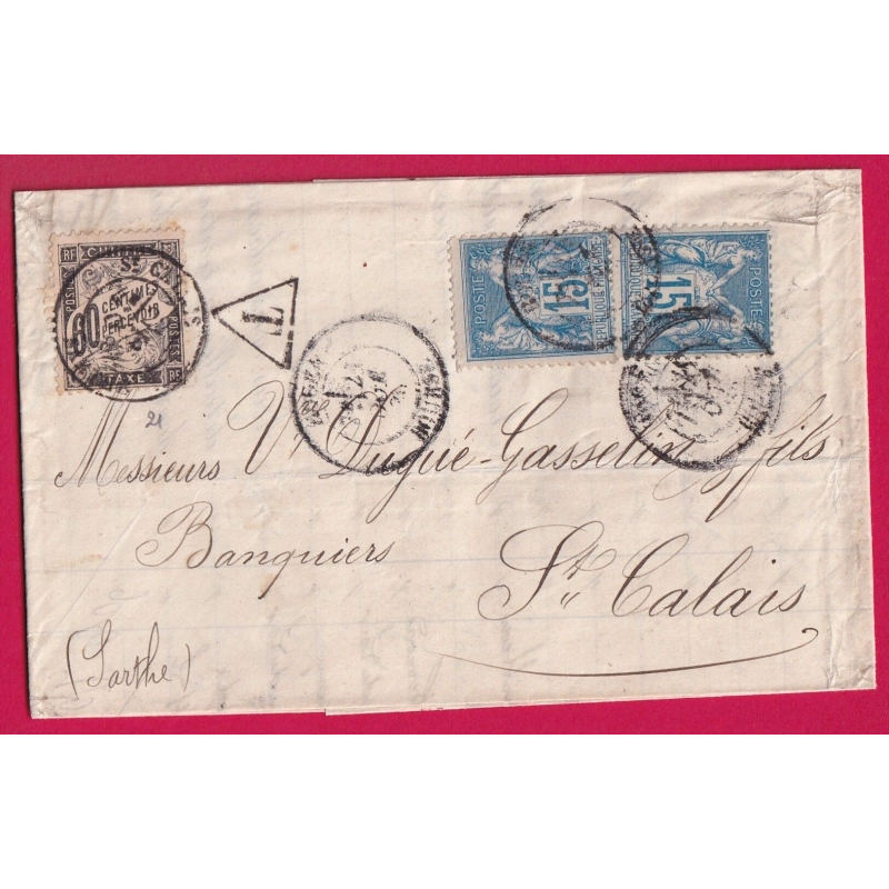 N°90 X2 ROUEN BOURSE TAXE 60C NOIR DUVAL N°21 ST CALAIS SARTHE 1885 LETTRE COVER