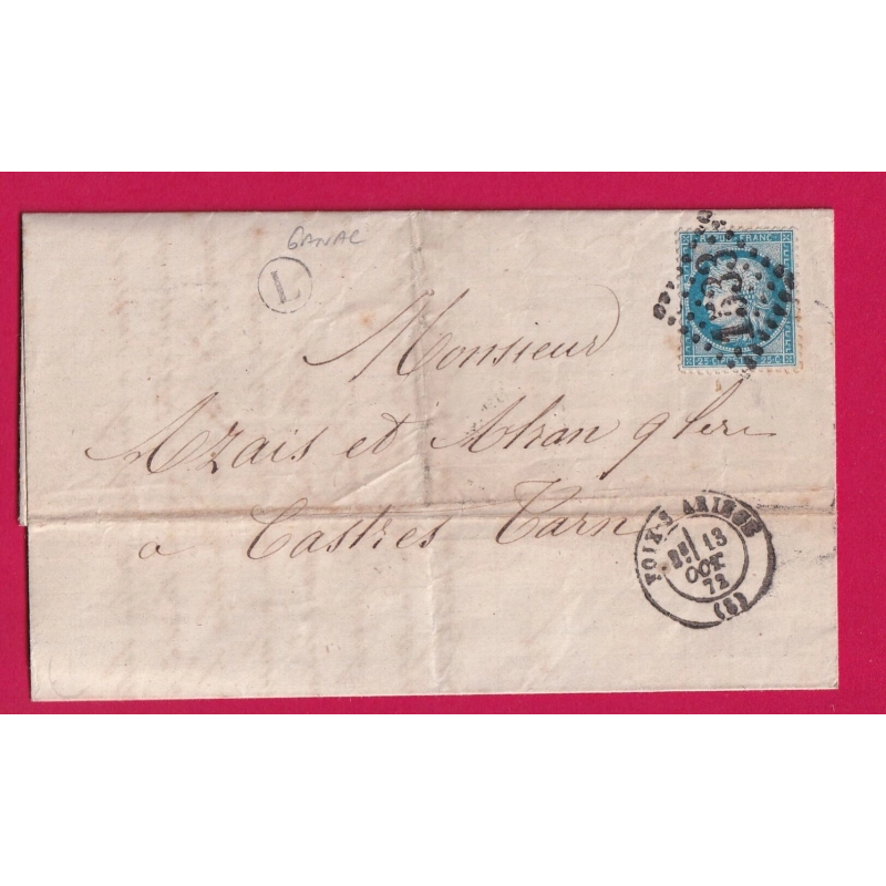 N°60 GC 1533 FOIX SUR ARIEGE BOITE RURALE L GANAC ETIQUETTE AU DOS POUR CASTRES TARN LETTRE COVER