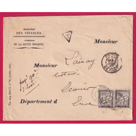 LETTRE NON AFFRANCHIE PARIS DEPART 1887 TAXE A 90C 60C+30C ECOUIS EURE N° 18 21 LETTRE COVER