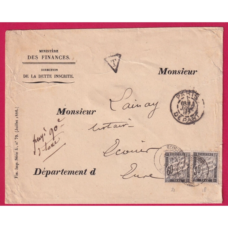 LETTRE NON AFFRANCHIE PARIS DEPART 1887 TAXE A 90C 60C+30C ECOUIS EURE N° 18 21 LETTRE COVER