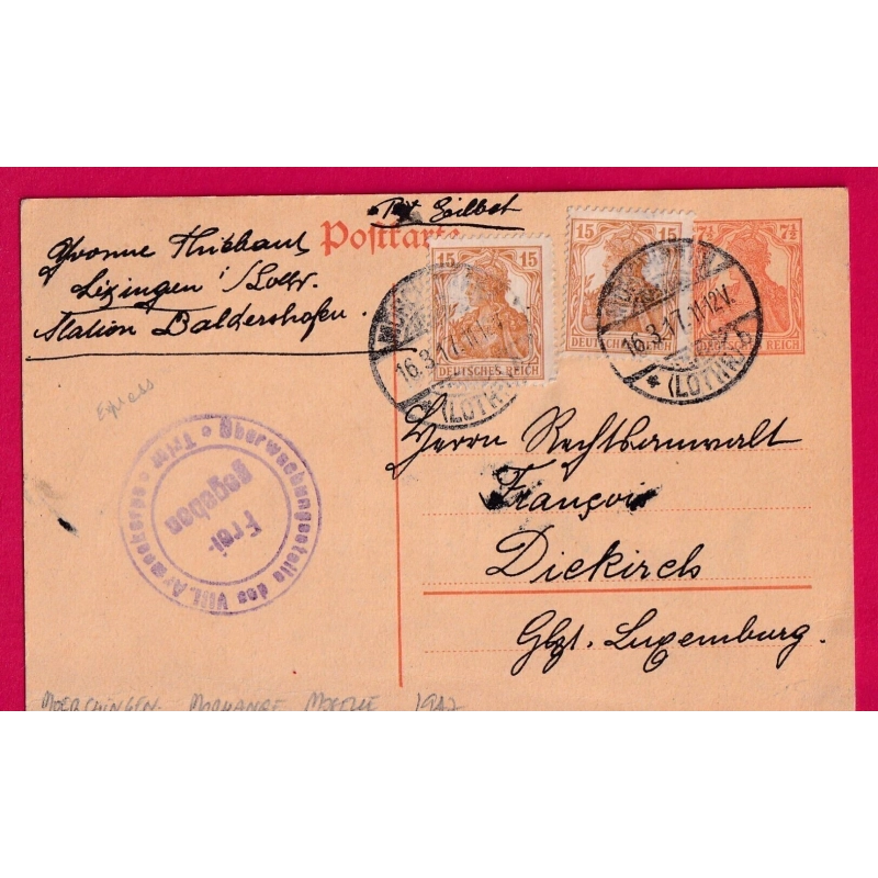 ENTIER GERMANIA MORHANGE MOSELLE POUR DIEKIRCH LUXEMBOURG CENSURE ?? LETTRE COVER