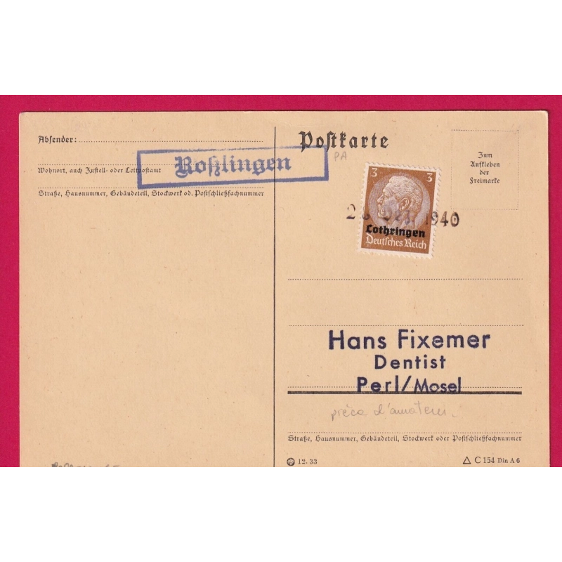ALSACE LORRAINE LOTHRINGEN 1940 ROSSELANGE MOSELLE LETTRE COVER