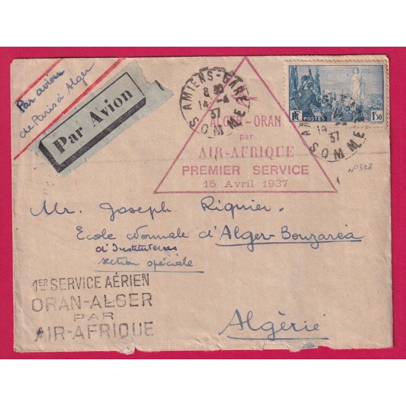 N°328 1ER VOL AIR AFRIQUE ALGER ORAN ALGERIE 1937 DEPART AMIENS SOMME LETTRE COVER