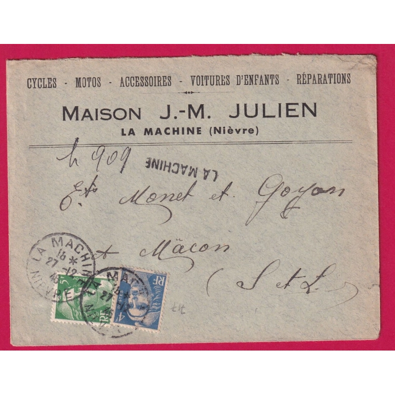 N°717 719 RECOMMANDE PROVISOIRE LA MACHINE NIEVRE 1946 POUR MACON LETTRE COVER