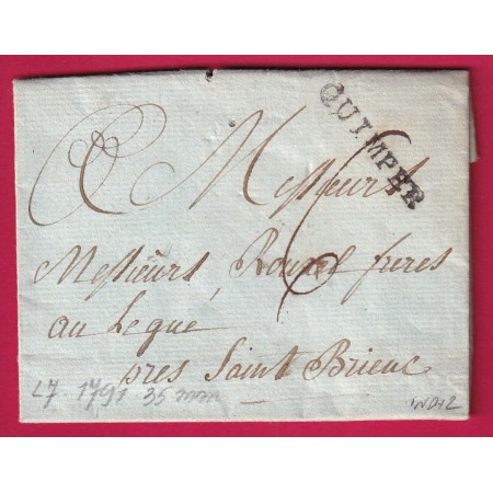 MARQUE QUIMPER FINISTERE LENAIN N°7 1791 POUR LEGUE ST BRIEUC COTES DU NORD INDICE 12 LETTRE COVER