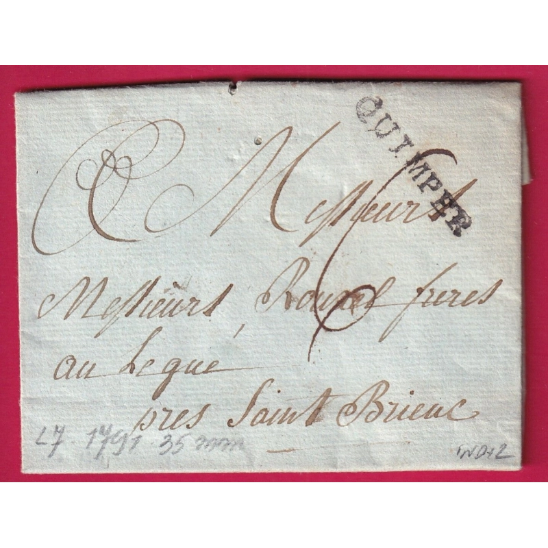 MARQUE QUIMPER FINISTERE LENAIN N°7 1791 POUR LEGUE ST BRIEUC COTES DU NORD INDICE 12 LETTRE COVER