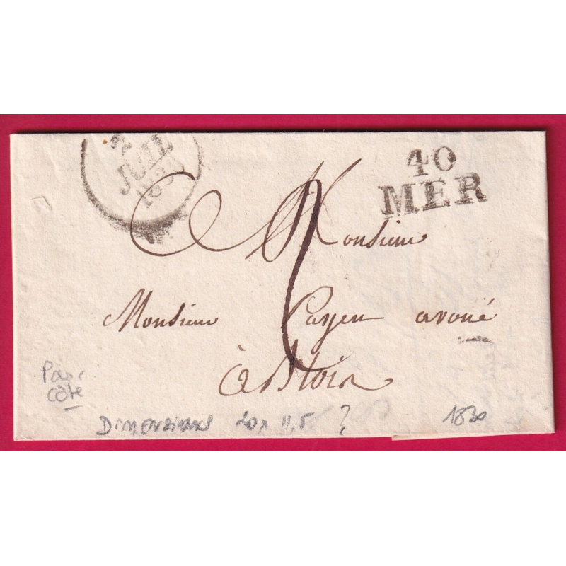 MARQUE 40 MER LOIR ET CHER DIMENSIONS 20 X 11.5 NON SIGNALE PAR POTHION 1830 POUR BLOIS LETTRE COVER