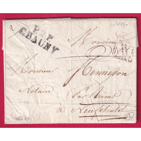 MARQUE P2P CHAUNY AISNE POUR NEUFCHATEL SUR AISNE 1825 POIDS VERIFIE LETTRE COVER