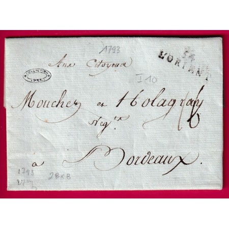 MARQUE 54 L'ORIENT LORIENT MORBIHAN 1793 POUR BORDEAUX INDICE 10 LETTRE COVER