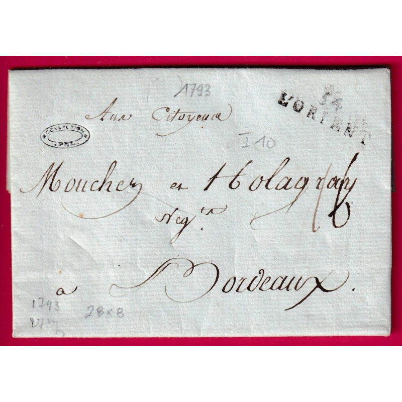 MARQUE 54 L'ORIENT LORIENT MORBIHAN 1793 POUR BORDEAUX INDICE 10 LETTRE COVER