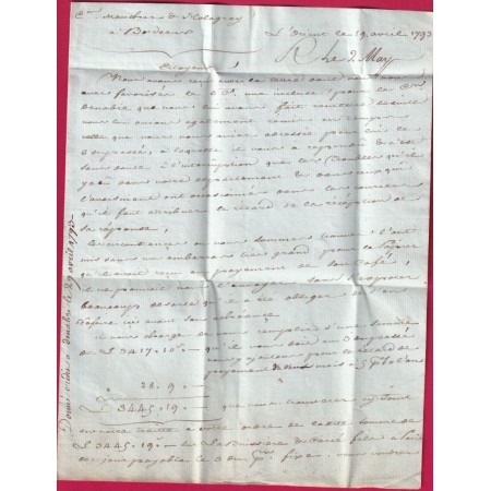 MARQUE 54 L'ORIENT LORIENT MORBIHAN 1793 POUR BORDEAUX INDICE 10 LETTRE COVER