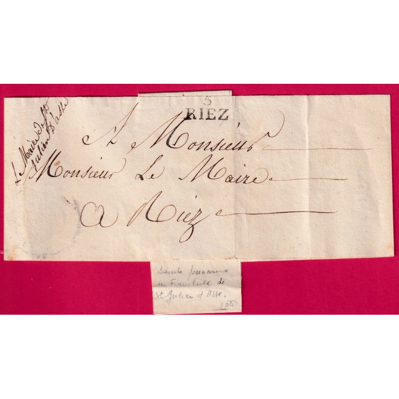 MARQUE 5 RIEZ BASSES ALPES SUR BANDE DE JOURNAL EN FRANCHISE LE MAIRE DE ST JULIEN D'ASSE POUR RIEZ LETTRE COVER