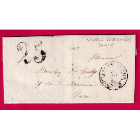 TAXE TAMPON 25 OMBREE CAD TYPE 14 VILLERS BRETONNEUX SOMME 1851 POUR PARIS LETTRE COVER