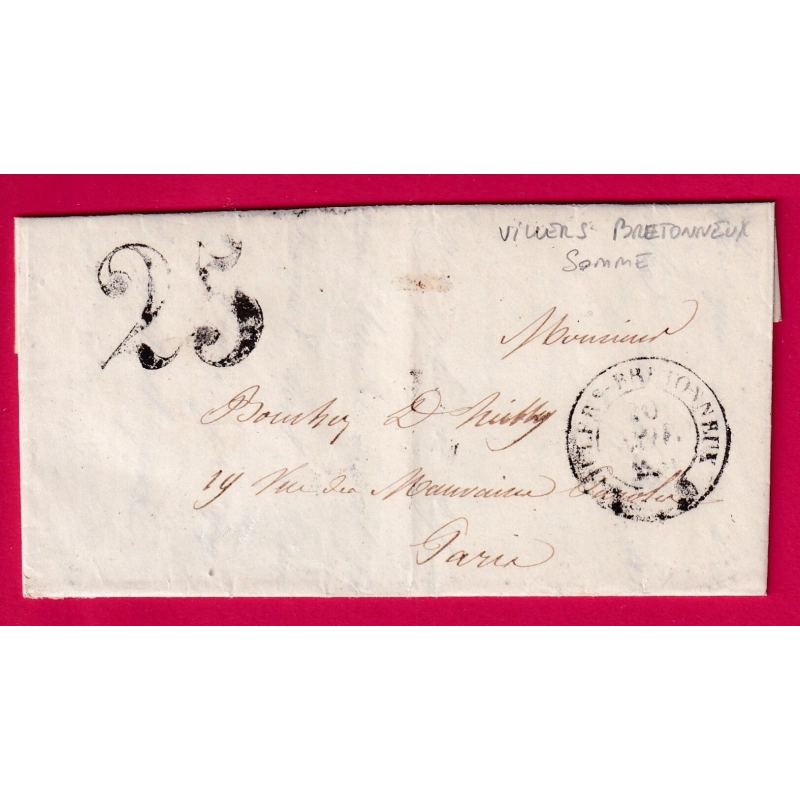 TAXE TAMPON 25 OMBREE CAD TYPE 14 VILLERS BRETONNEUX SOMME 1851 POUR PARIS LETTRE COVER