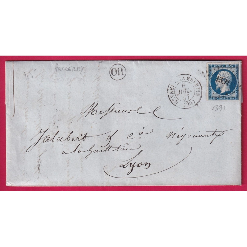 N°14 PC 1391 GEVREY CHAMBERTIN COTE D'OR OR PELLEREY POUR LYON LA GUILLOTIERE LETTRE COVER