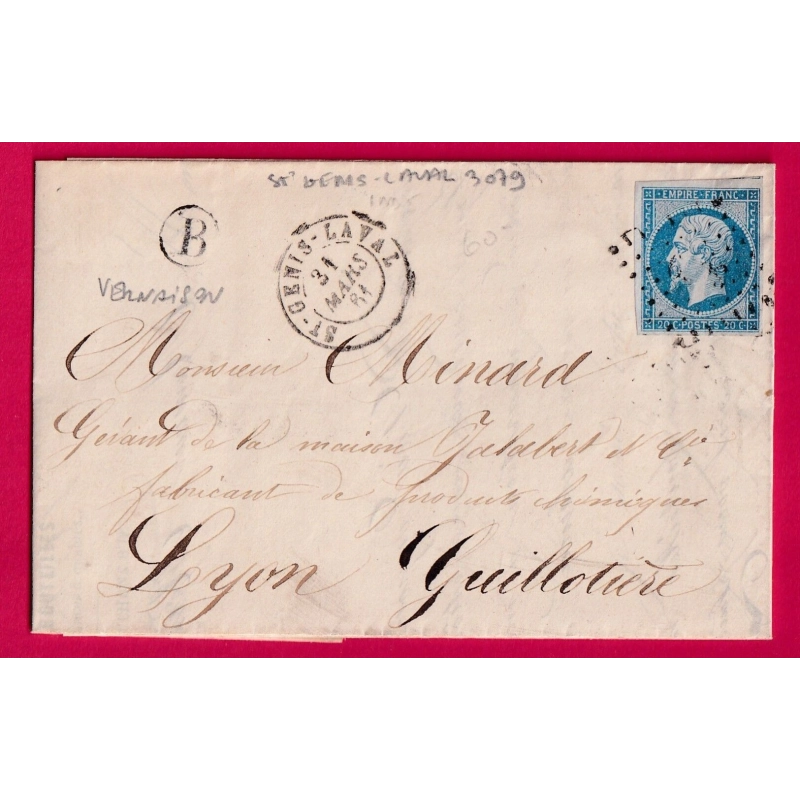 N°14 PC 3079 ST GENIS LAVAL RHONE BOITE RURALE B VERNAISON POUR LYON LA GUILLOTIERE LETTRE COVER