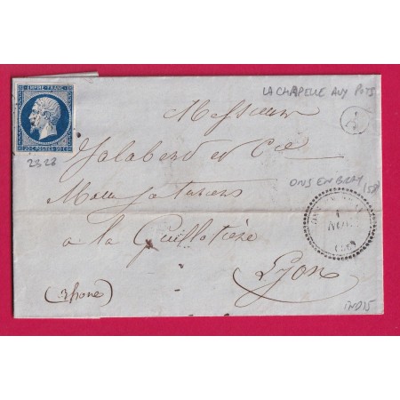 N°14 PC 2328 ONS EN BRAY OISE CAD TYPE 22 BOITE RURALE A LA CHAPELLE AUX POTS POUR LYON LETTRE COVER