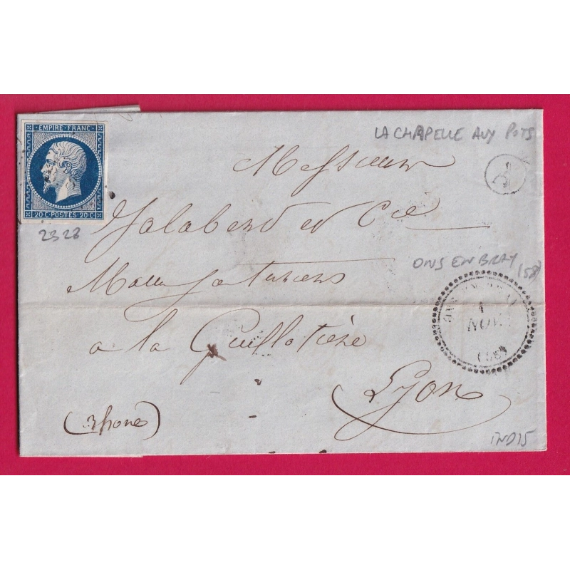 N°14 PC 2328 ONS EN BRAY OISE CAD TYPE 22 BOITE RURALE A LA CHAPELLE AUX POTS POUR LYON LETTRE COVER