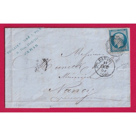 N°14 PARIS CERCLE DE POINTS 1358 + 3304 INDICE 18 POUR NANCY MEURTHE ETIQUETTE PUB LETTRE COVER SIGNEE